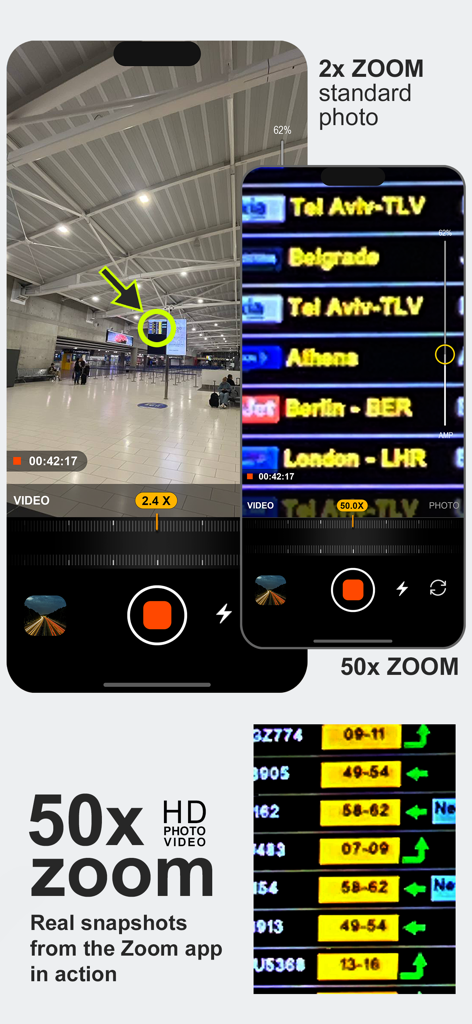 Vergleich von Standardzoom und 50-fachem Zoom auf einer Flughafenanzeigetafel mit der Fernglas 50x Zoom App