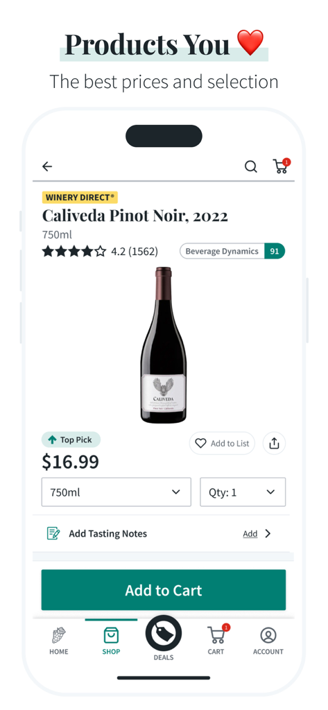Total Wine & More - Total Wineアプリの製品ページ。Caliveda Pinot Noirが表示され、顧客評価と専門家レビューのスコアが含まれます。