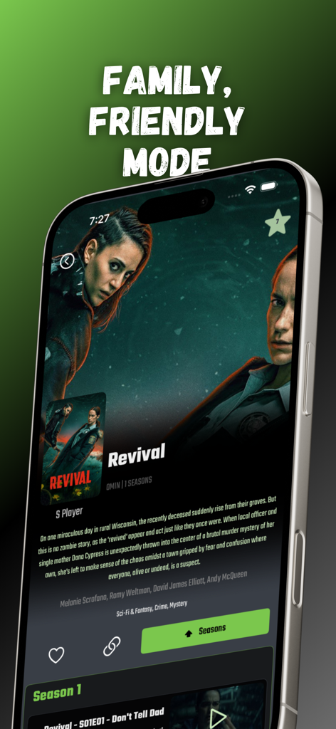 S Player Pro - S Player Pro Mobile App-Oberfläche, die Filmdetails und den Familienmodus anzeigt
