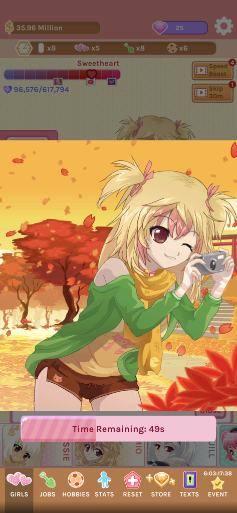 Crush Crush - Idle Dating Sim - Garota de anime Mio segurando uma câmera em um cenário de parque de outono do simulador de namoro Crush Crush