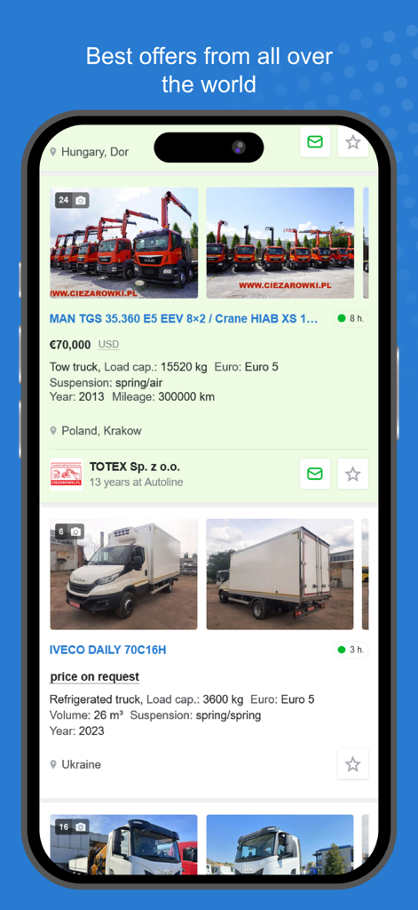 Autoline - A interface do aplicativo Autoline exibindo anúncios internacionais de caminhões comerciais com especificações técnicas e preços