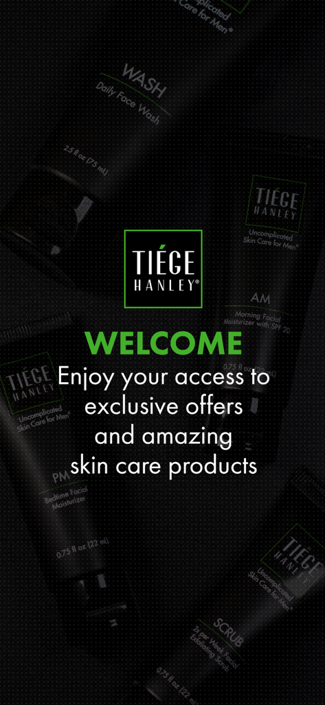 Tiege Hanley - Tiege Hanley Willkommensbildschirm mit exklusiven Angeboten und Hautpflegeprodukten für Männer