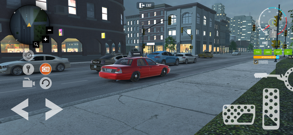 Taxi Driver Car Parking Game - A red car driving through a city at night in the Taxi Driver Car Parking Game