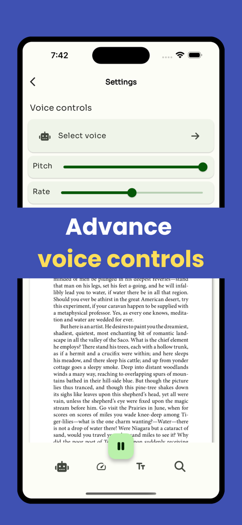 PDF read aloud - TTS - PDF読み上げアプリの詳細な音声コントロール設定で、ピッチとレート調整のスライダーが表示されている