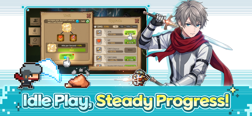 Pixel Guardians upgrade menu showing character trait points and leveling up stats with a heroic anime character