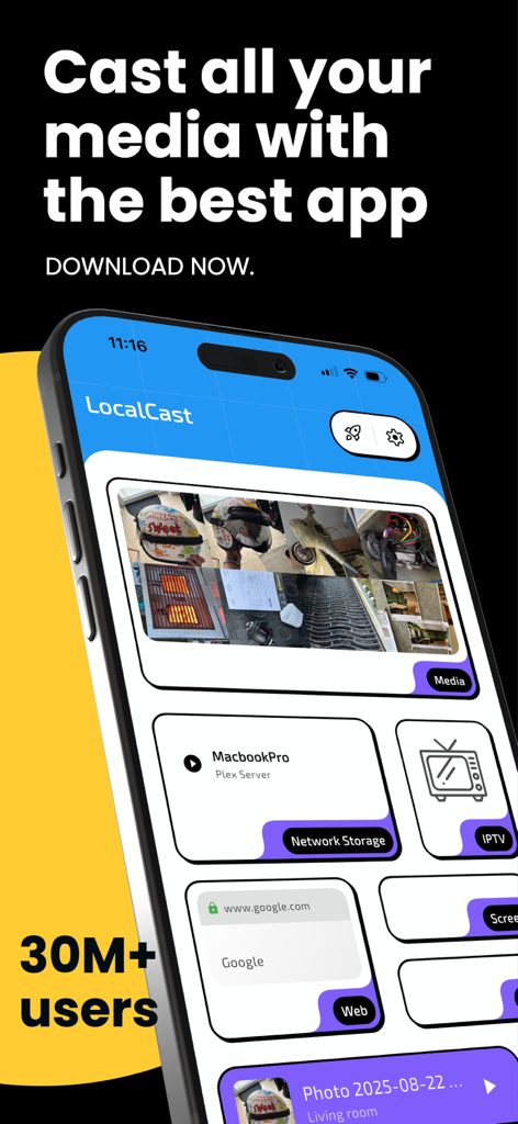 LocalCast: stream to TV - LocalCast app interface on an iPhone showing options to cast media, network storage, and web content to a TV.