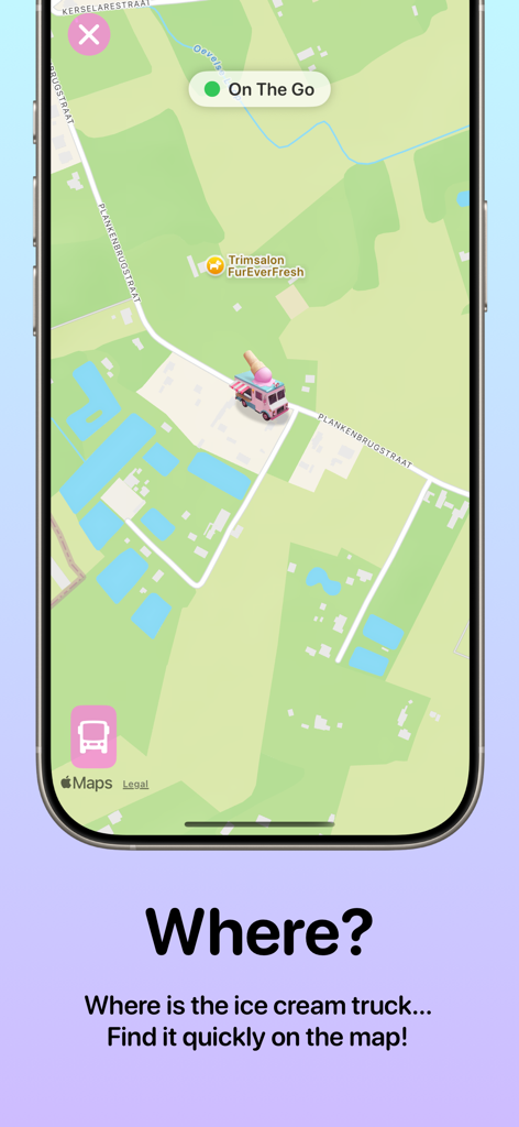 KremeKoerier - Real-time map showing an ice cream truck location and its current On The Go status in the KremeKoerier app