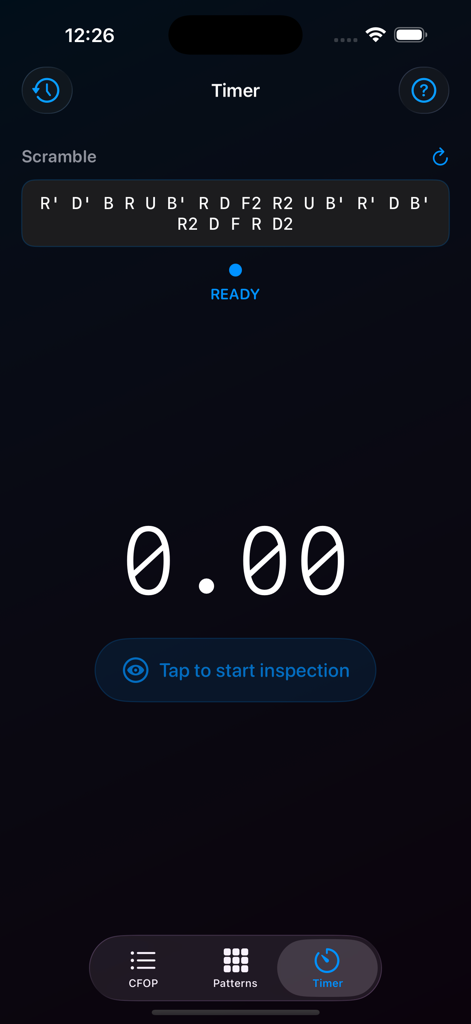 A professional speedcubing timer interface on the CFOP Learning app showing a WCA scramble sequence and a zeroed out digital timer.