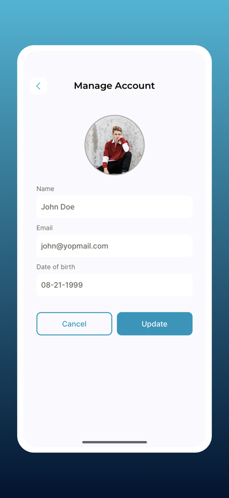 User account settings screen in the MY JOURNAL MED app displaying profile details like name and date of birth