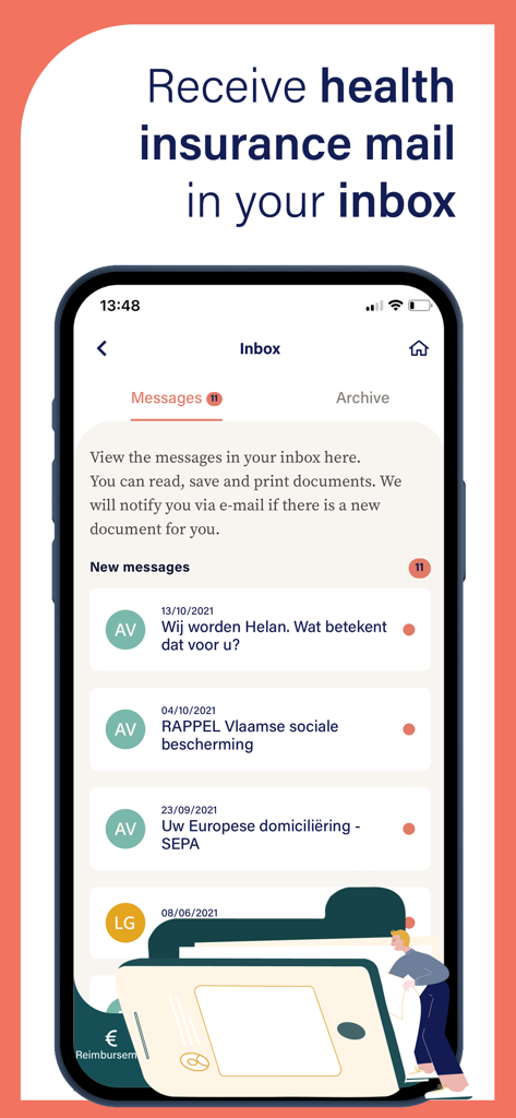 My Helan app inbox screen displaying digital health insurance messages and documents