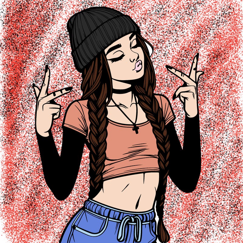 realistic teenage girl with braids and a beanie and crop top doing 🫶🏼