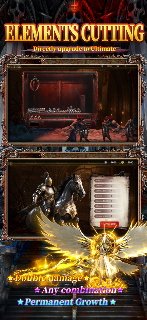 RPG character upgrade screen showing knight stats and a glowing ultimate hero