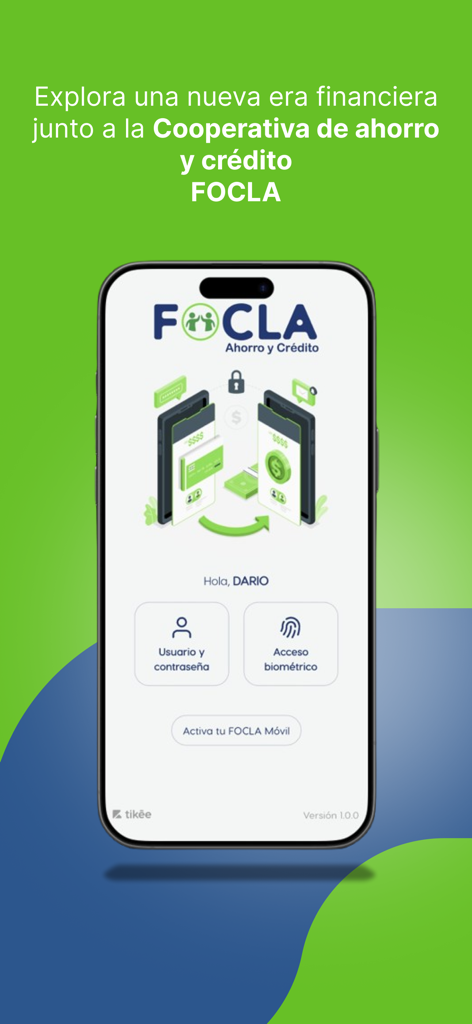 FOCLA Móvil - Pantalla de inicio de sesión de la aplicación bancaria móvil FOCLA Movil mostrando opciones de entrada biométrica y de contraseña.