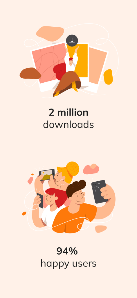 celebrate: share photo & video - Grafico che mostra 2 milioni di download e il 94% di utenti soddisfatti per l'app di condivisione foto celebrate