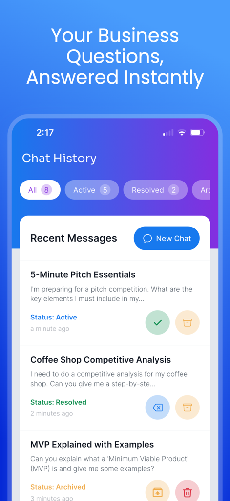 Interfaccia dell'app Startup AI che mostra una cronologia delle chat con argomenti aziendali come elementi essenziali del pitch e analisi della concorrenza.