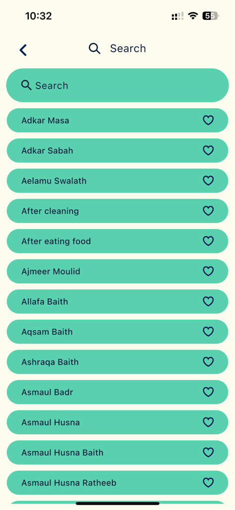 A search screen in the Aurad Wal Manaqib app displaying a list of Islamic prayers and recitations with favorite icons.