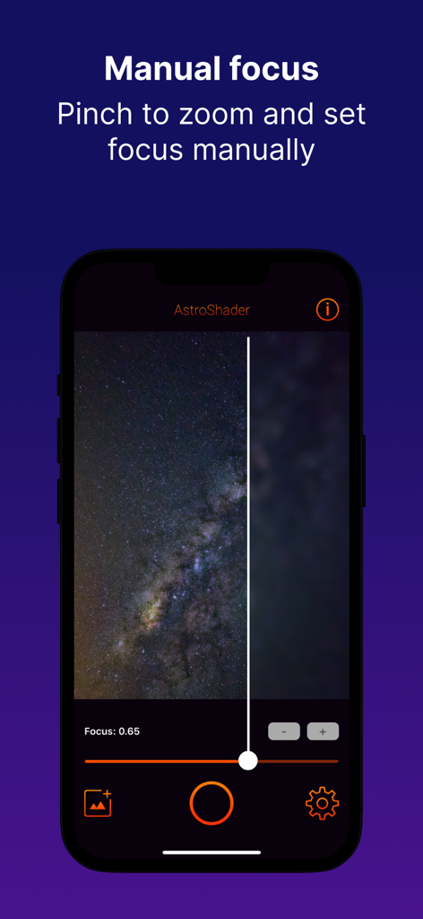 AstroShader - Interfaz de enfoque manual en la aplicación AstroShader para astrofotografía precisa en iPhone.