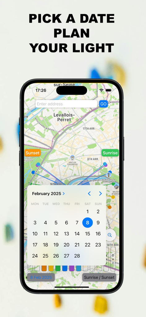 Interface de l'application SunPath montrant un sélecteur de date de calendrier et une carte de trajectoire solaire pour la planification de la lumière