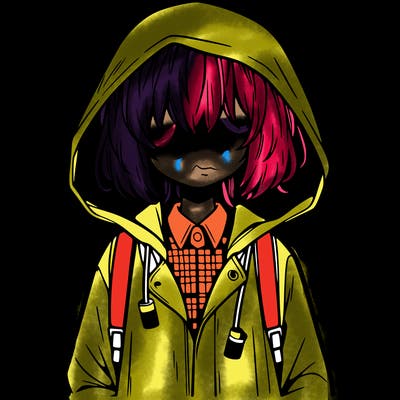 little anime girl in a raincoat her hair is covering her eyes she has a lighter