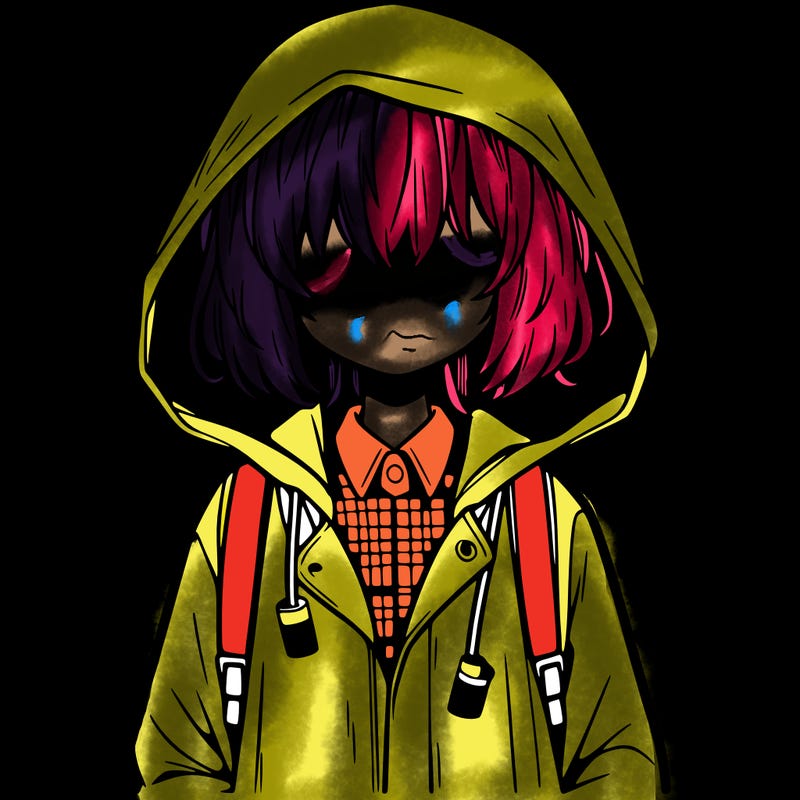 little anime girl in a raincoat her hair is covering her eyes she has a lighter