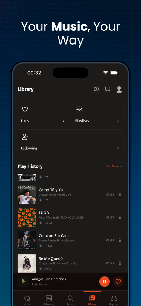 Music Player - Videos , Songs - Music player app library screen showing history and playlists in dark mode