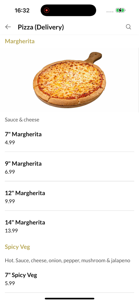 Schermata del menu dell'app Pizza Box Whitehall che mostra le dimensioni e i prezzi della pizza Margherita