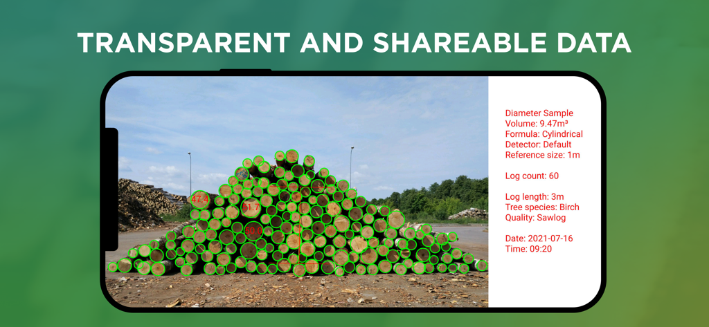 Screenshot of Timbeter app showing digital log counting and volume measurement data for a timber pile.
