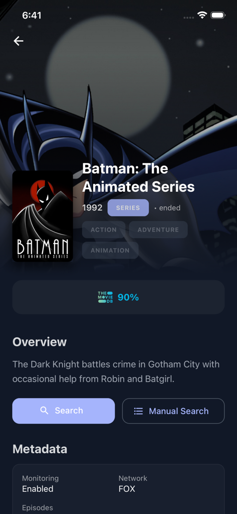ServerrSeerr - Écran mobile de l'application ServerrSeerr montrant les détails et le statut de surveillance de la série Batman La Série Animée