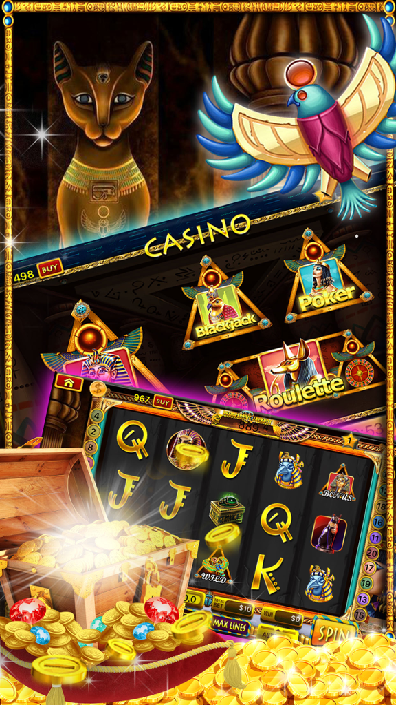 Egyptian themed mobile casino interface featuring slots, poker, and blackjack with a treasure chest of gold coins.