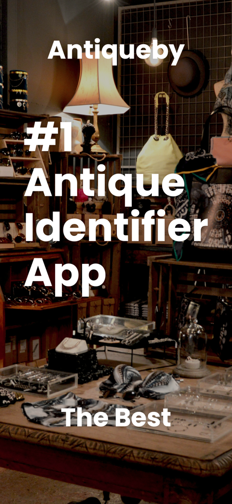 Antiqueby app promotion featuring various vintage collectibles and antiques in a shop