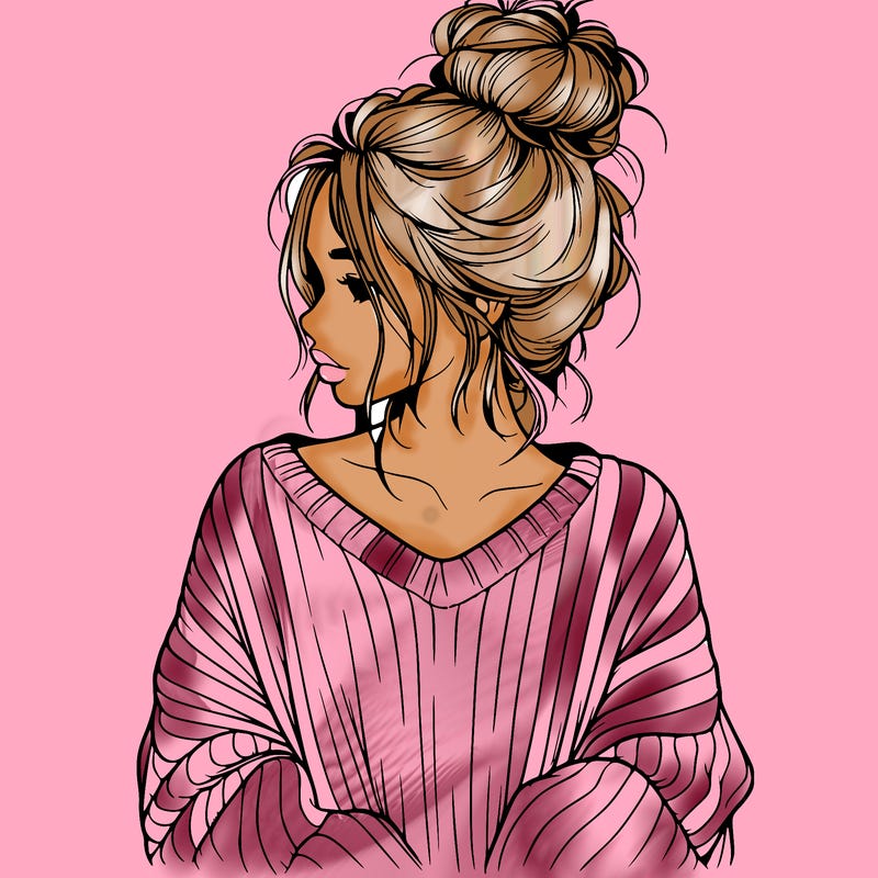realistic girl wearing a messy bun and an oversized sweater