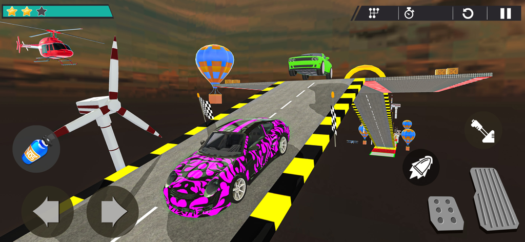A pink sports car racing on a high-altitude stunt track with ramps and hot air balloons