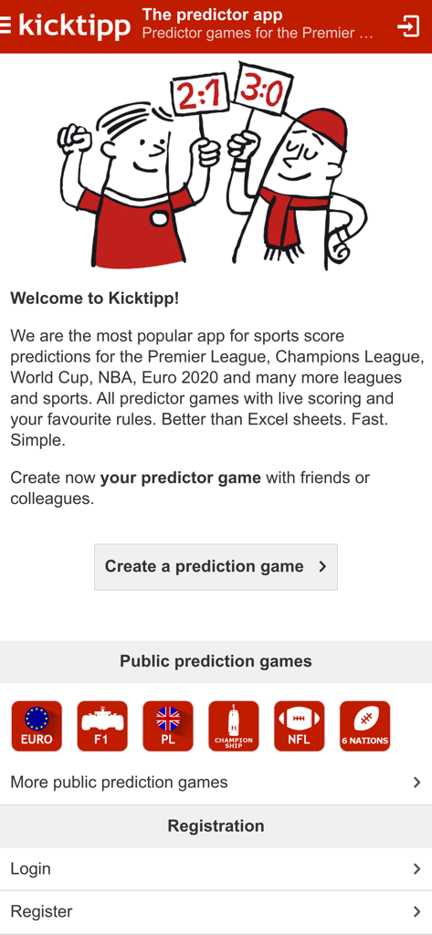 Pantalla de inicio de la aplicación Kicktipp con juegos de predicción deportiva para fútbol americano y NFL con una ilustración de aficionados