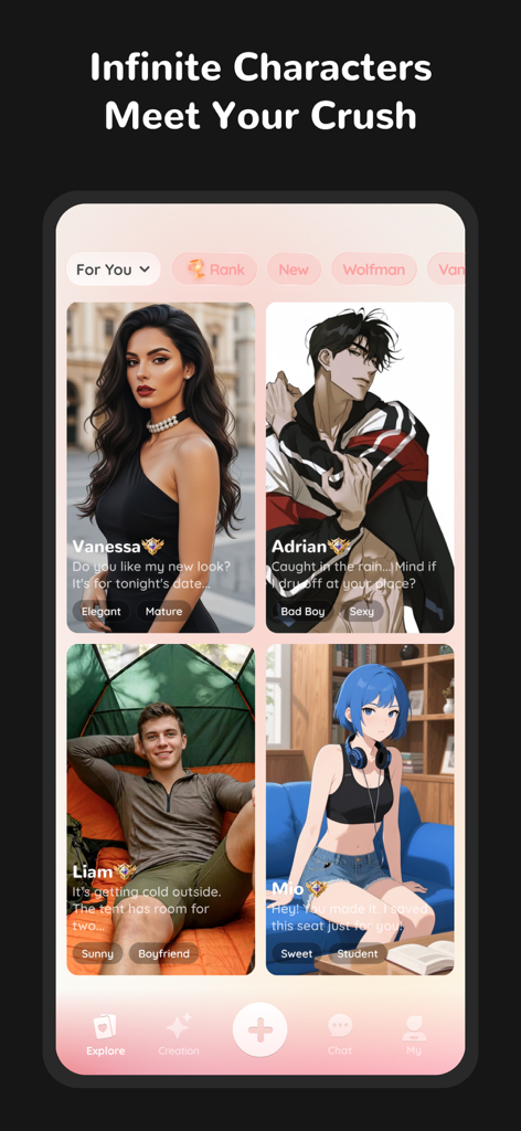 Mate-Soulmates For Every Step - Uma tela de aplicativo móvel exibindo diferentes perfis de companheiras de IA, incluindo personagens realistas e de anime com tags de personalidade.