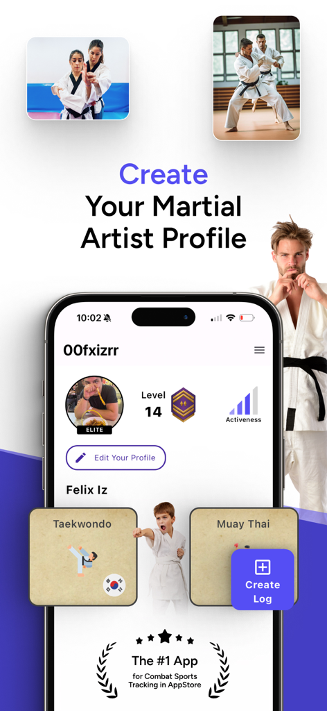 Martial Profile app interface for creating a martial artist profile and tracking combat sports progress