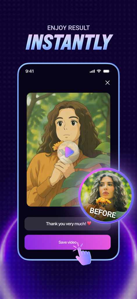 AI Video Generator: Tvorra - Screenshot of Tvorra app showing a photo transformed into an anime-style character with a Save video button