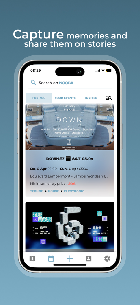 Nooba - Nooba app interface showing local event listings and stories feature for social discovery.