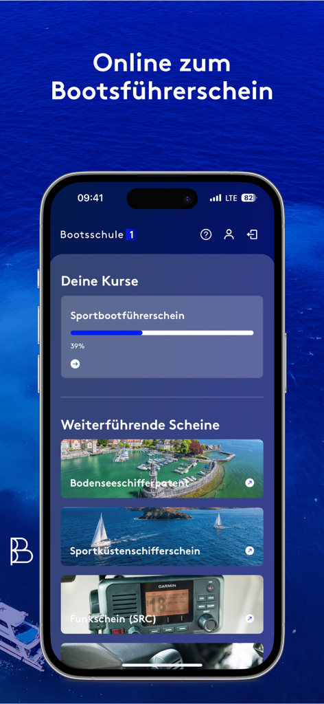 Bootsschule1 - Bootsschule1 mobile app interface showing various boat license courses and learning progress
