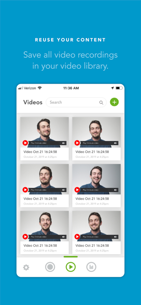 BombBomb - A screen from the BombBomb app displaying a library of saved video recordings for easy reuse.