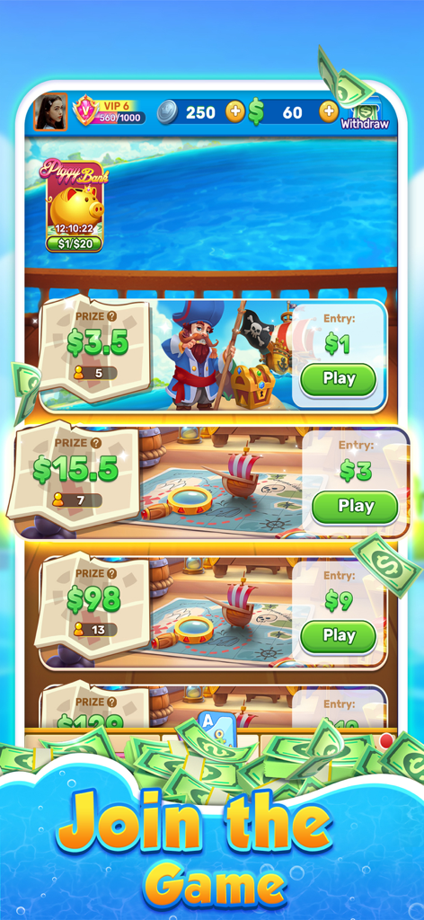 Solitaire Riches:Win Cash - Pantalla de selección de torneos en Solitaire Riches mostrando premios en efectivo y tarifas de inscripción con temática pirata