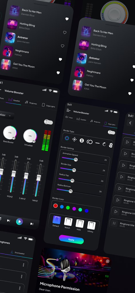 BtSpeaker - BtSpeakerモバイルアプリのインターフェース。音量ブースト、オーディオイコライザー、カスタムエッジライトが特徴です。