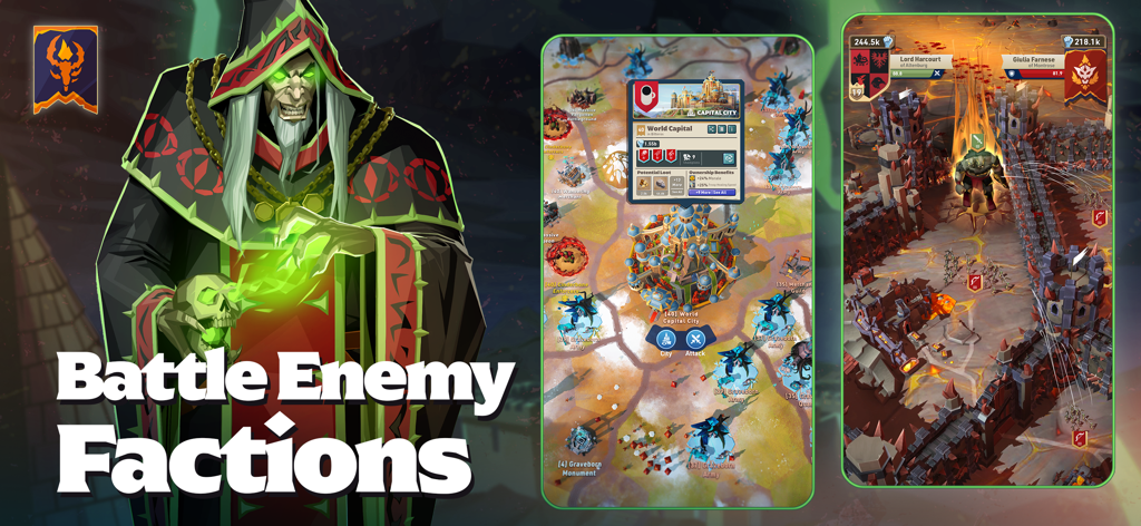 Kingdom Maker - A dark wizard standing next to mobile gameplay screens showing a world map and a tactical castle siege.