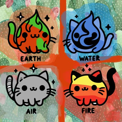 4 cats that represent the different elements, earth, water, air, and fire