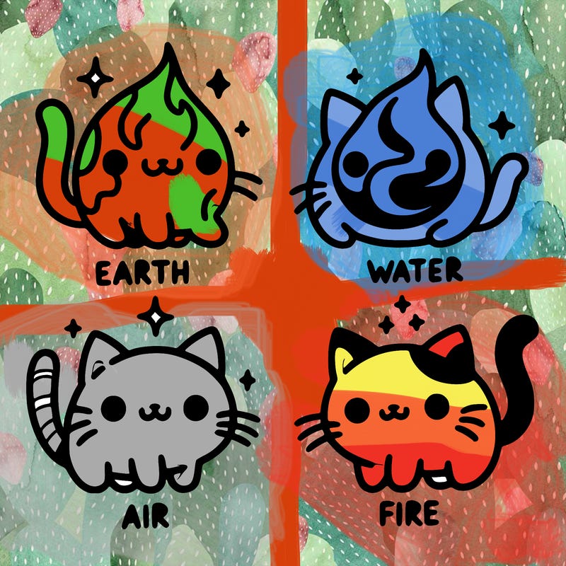 4 cats that represent the different elements, earth, water, air, and fire