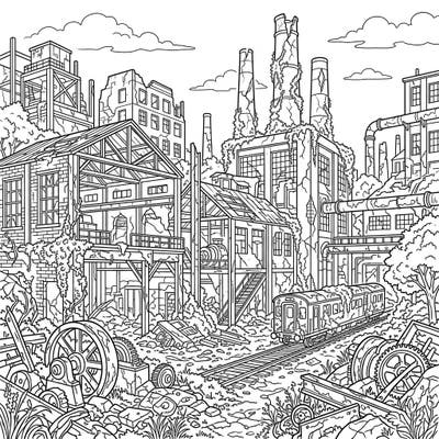 Step back in time with this captivating coloring page featuring a detailed scene of abandoned industrial ruins. Designed specifically for seniors, its clear lines and mature themes offer a relaxing and cognitively stimulating artistic experience.