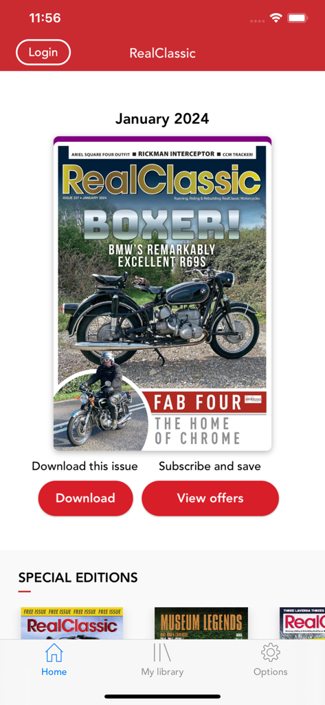 Real Classic Magazine - Interfaccia dell'app Real Classic Magazine che mostra la copertina del numero di gennaio 2024 con una moto BMW d'epoca