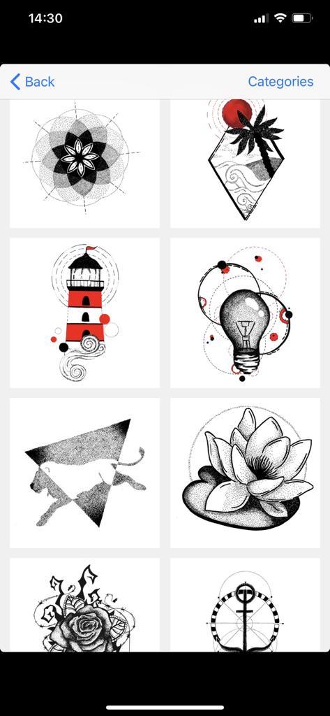 Tattoo design gallery showing various artistic sketches including geometric patterns and floral motifs
