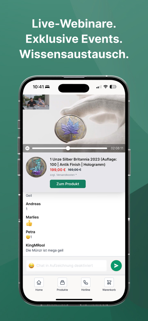 Kettner Edelmetalle App - Kettner Edelmetalle App zeigt ein Live-Webinar über Silbermünzen und einen interaktiven Chat