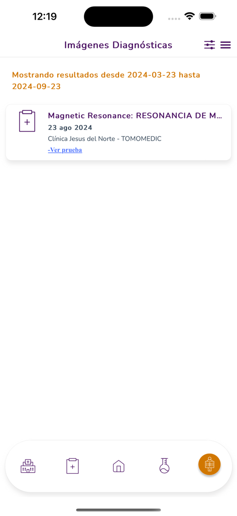 Écran du portail patient affichant une liste de résultats d'imagerie diagnostique, y compris un rapport d'imagerie par résonance magnétique