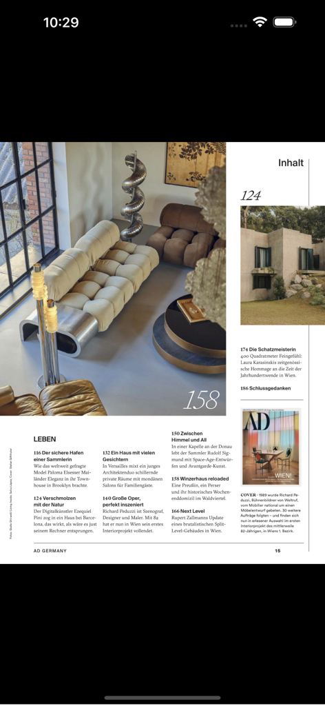 Architectural Digest (Deutsch) - 현대적인 인테리어 디자인 및 건축 기사를 특징으로 하는 Architectural Digest Germany의 목차 페이지